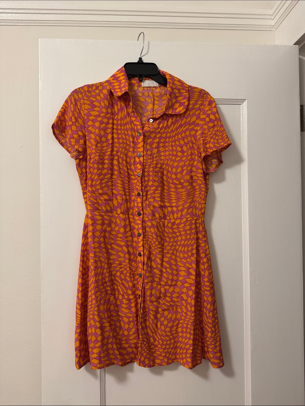 Short Sleeve Button-Front Mini Dress in Orange and Pink